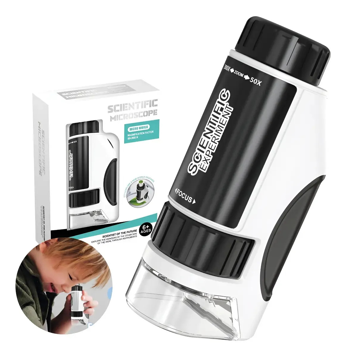 Microscópio De Bolso Para Crianças Com Luz Led 60 X 300 X Cor Preto