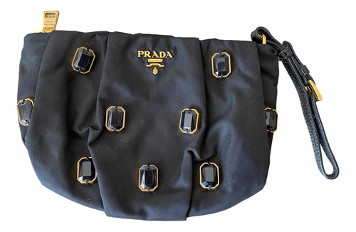 Cartera Sobre Pochette Prada Original Tela Y Piedras Negro