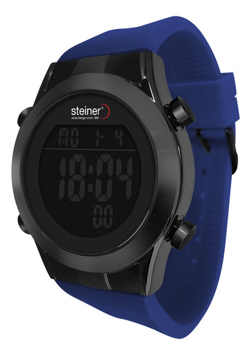 Reloj Para Hombre Digital Steiner 45mm Alarma Y Cronometro Correa Azul Bisel Negro Fondo Negro