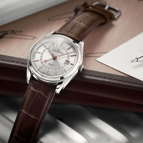 Reloj Grovana St. Andrews Gmt 1547.1528 Zafiro Sumergible Marrón Plateado Plateado