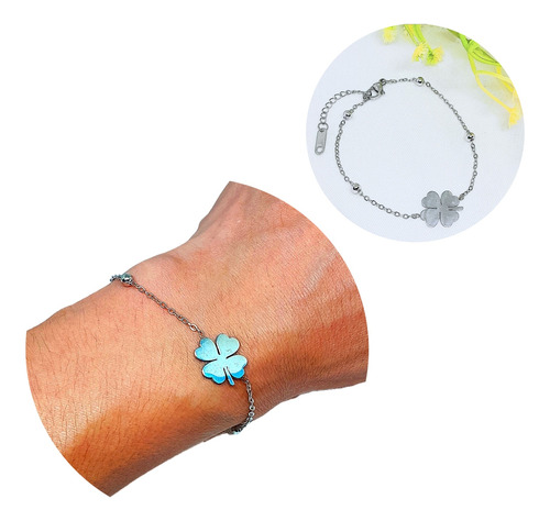 Pulsera Acero Quirúrgico Con Dije Diseño Trébol Y Bolitas