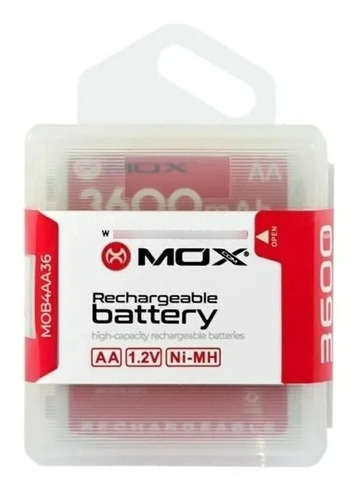 Pilha Recarregável Mox  Aa 3600mah 1.2v - Pack 4 Pilhas