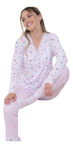 Pijama Invierno En Algodon C/puntilla Marcela Koury 4241