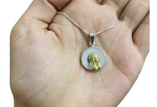 Cadena Plata Dije Virgen Niña Plata Y Oro Con Nacar Regalo