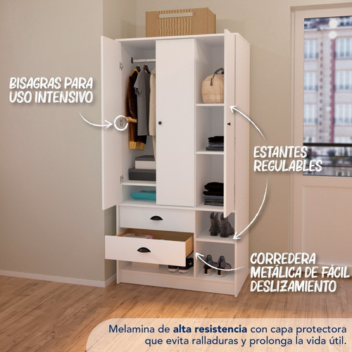 Imagen 6 de 8 de Placard Melamina Ropero Libe 5 Estantes 3 Puertas 2 Cajones Color Blanco