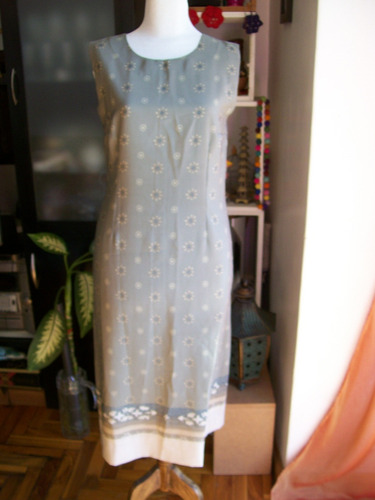 Vestido Largo Sin Mangas Gasa Tonos Verde Cemento - Talle M
