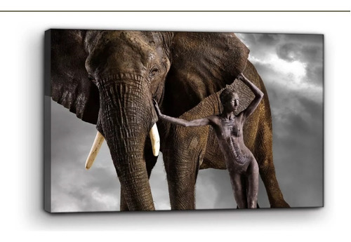 Cuadro Moderno Canvas Elefante Y Mujer Africana 90x140cm