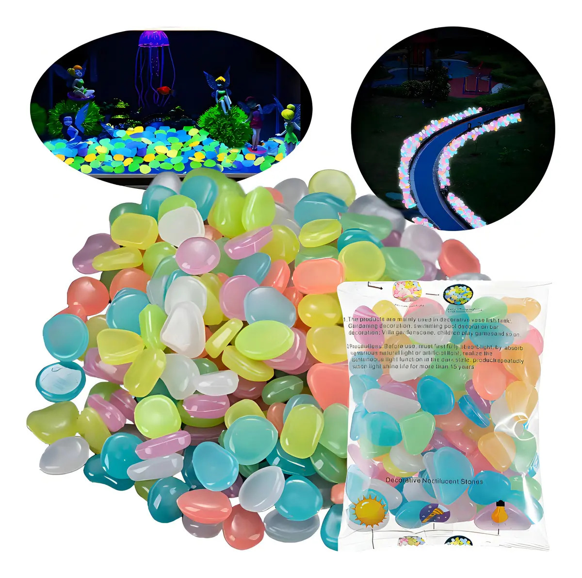 Velstron 500 Piedras Luminosas Fluorescentes Piedras Decorativas Piedras Que Absorben Luz, Reutilizables, Ideales Para Acuarios, Jardines Y Senderos Color Mezclado