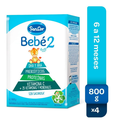 Sancor Bebe 2 Leche Infantil En Polvo Pack 4 Cajas X 800gr