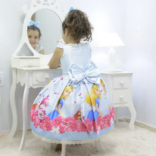 Vestido Alice No País Das Maravilhas +saia Filó +laço Cabelo