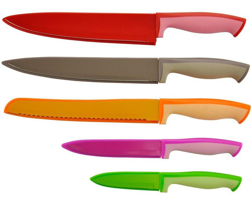 Juego 5 Cuchillos Cocina De Acero Inoxidable Con Funda Color Rojo