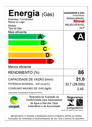 Aquecedor A Gás Rinnai E21 Feh Glp Prata