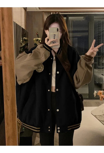Chaqueta De Béisbol De Forro Polar Bordado Para Mujer, Corte