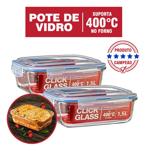 Kit 2 Potes De Vidro Herméticos 1,5l Qualidade Click Glass