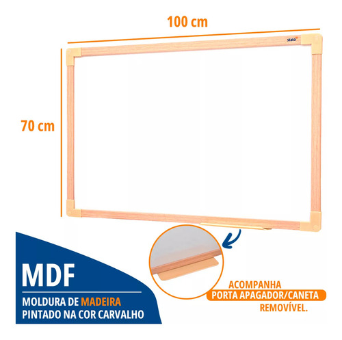 Lousa Quadro Branco 100x70 Cm Moldura Madeira Com 4 Canetas Marcador E Apagador