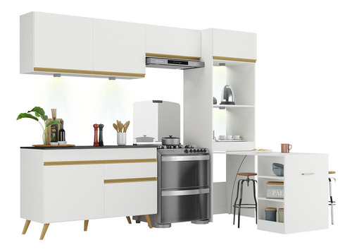 Armário Cozinha Compacta 252cm Veneza Up Multimóveis V2028 Cor Branco/Dourado