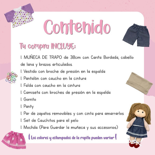 Imagen 5 de 5 de Muñeca De Trapo Con Vestidos Juguete Didáctico Regalo Niña