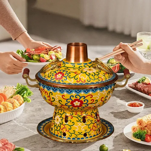 Cloisonne Hot Pot Cooking Pot Chafing Dish Kitchen Yellow