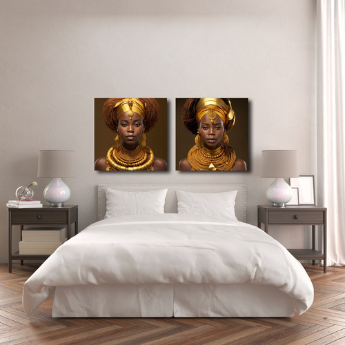 2 Cuadros Decorativos Africanas Dorado Moderno Sala 50x50cm