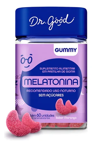 Frente de embalagem de gomas de melatonina com tampa azul e rótulo roxo, com 2 gomas na frente