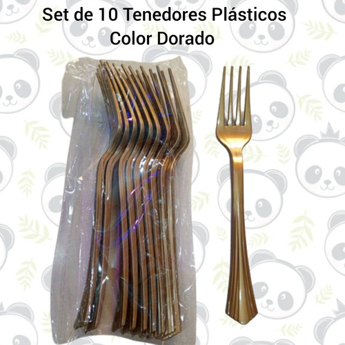 Set De 10 Tenedores Plásticos Desechables Dorados Fiestas 