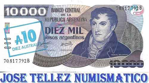 Bottero 2709 $ 10 Australes Resello 10.000 $a Aunc Palermo