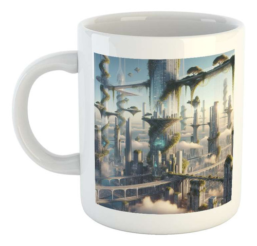 Taza Ceramica Ciudad Nubes Futurista Cristal Futuro M2