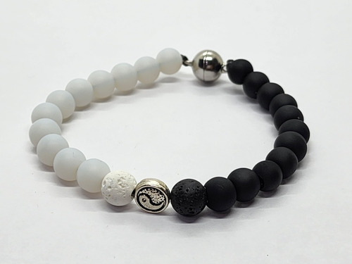 Pulsera Negro Blanco Volcanica Yin Yang Plata - Pulse