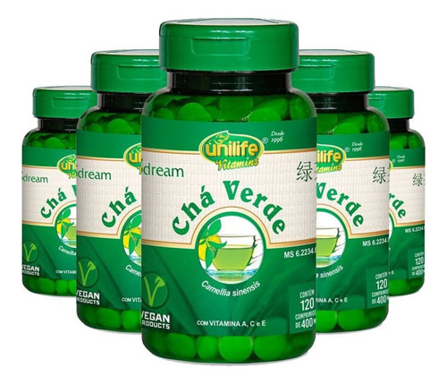 Kit 5 Chá Verde Com Vitamina A, C E E 120 Cápsulas Unilife