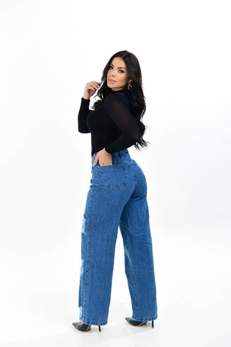 Calça Feminina Jeans Premium Wide Leg Com Rasgos Destroyed