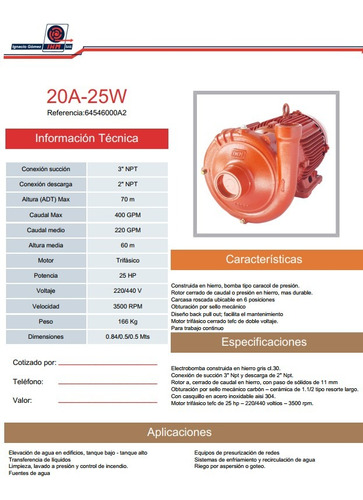 Bomba Centrifuga Ihm 25 Hp 220 Volt 3ph 20a-25tw (3x2)