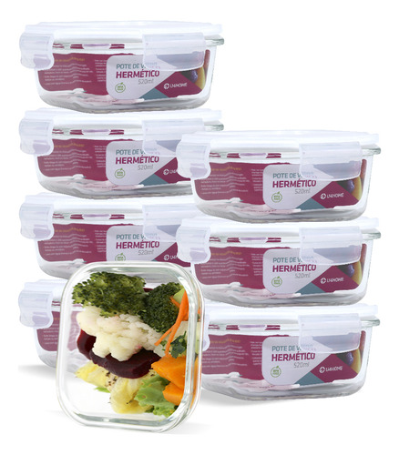 Kit 8 Pote Vidro Hermético 4 Travas Microondas Freezer 520ml Cor Branco