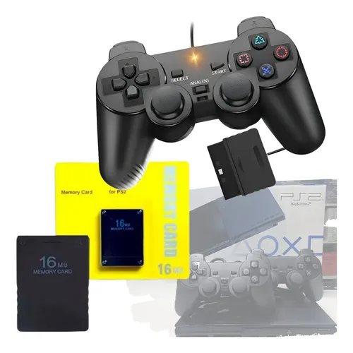 Kit Controle Para Ps2 Com Fio + Memory Card 16mb Preto