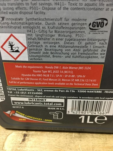 Aceite Atf Dexron6 1litro Sintético Total Envío Gratis
