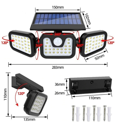 Lampara Solar, Sensor De Movimiento, Triple, 1200 Lm, Ip65