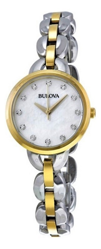 Reloj Bulova 98l208, visera rosa perla, cristales de Swarovski, color de la correa: plata y oro, chapado en oro, color del bisel, chapado en oro, color de fondo: blanco, perlado