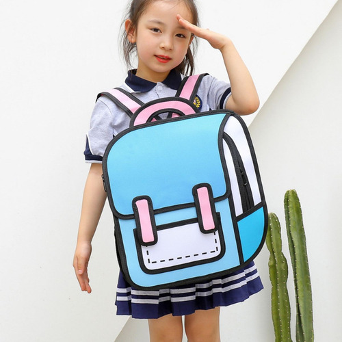 Mochila escolar infantil de gran tamaño con dibujos animados 2D, color azul oscuro