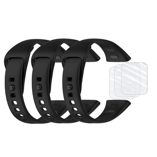 3 Pulseiras Silicone + 3 Películas Para Xiaomi Redmi Watch 3 Cor Preto/Preto/Preto