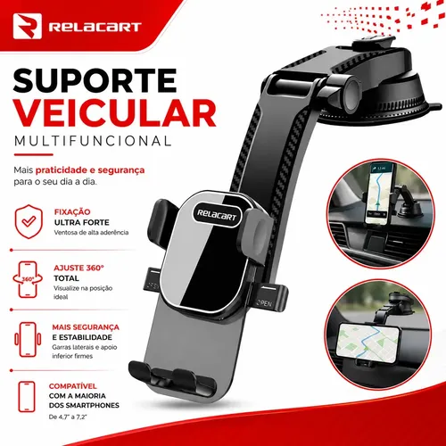 Suporte de Celular Veicular Automotivo 360º Universal Ajustável com Ventosa Gruda no Painel Vidro Parabrisa para GPS Encaixe Giratório Articulado com Trava Automática Anti Queda para Carro Caminhão