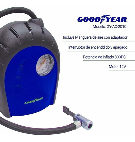 Imagen 3 de 4 de Compresor de aire mini a batería portátil Goodyear GY-AC-2010 12V azul/negro