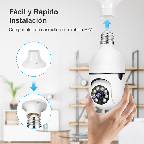 Cámara de seguridad E27 con wifi, visión nocturna HD, seguimiento humano automático, zoom de 4 aumentos y audio bidireccional. Ideal para vigilancia de bebés.