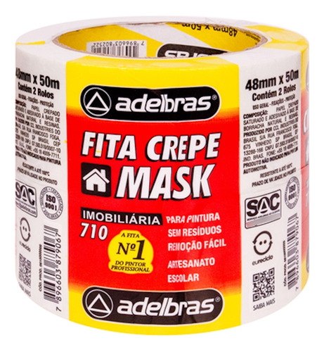 Kit 3 Fitas Crepe Adelbras 48mm X 50m Mask 710 Rolo Largo Branco Lisa