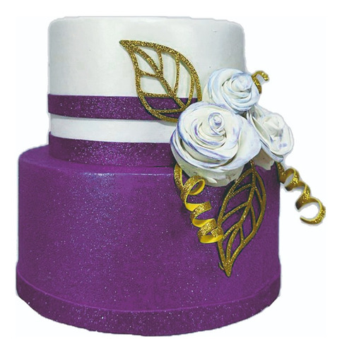 Bolo Fake Roxo Gllitter E Branco Rosas Com Super Luxo