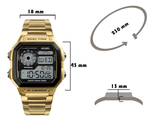 Relógio Masculino Skmei 1335 Dig Resis Água Dourado Casual