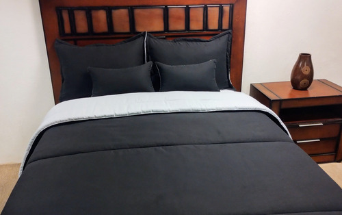 Edredón Matrimonial Set 9 Pzas Doblé Vista Negro/gris Claro Negro Liso