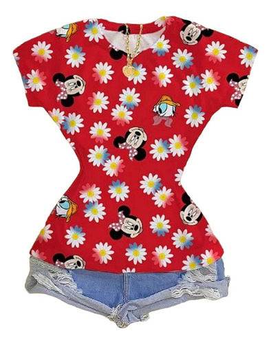 Blusa Feminina T-shirt, Vermelha Margarida E Minnie