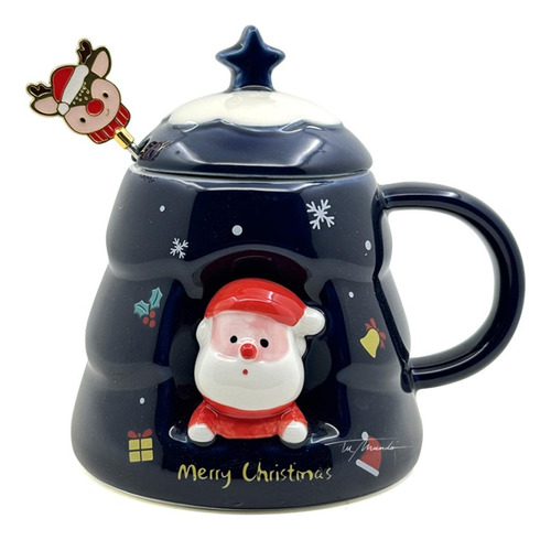 Taza Navideña Papa Noel Azul  Con Tapa Y Revolvedor 