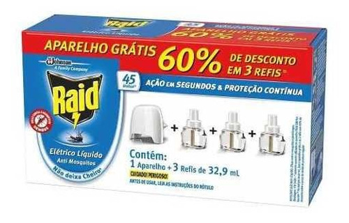 Repelente Elétrico Raid Líquido 45 Noites 3 Refis   Aparelho