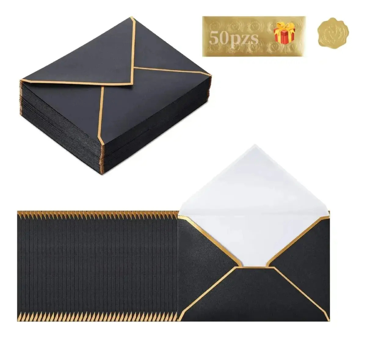 Pack 50 Sobres A7 Nacarados Negros con Borde Dorado y Solapa V Autoadhesiva para Boda