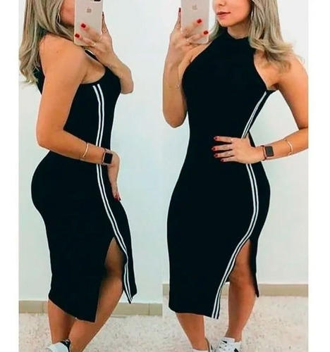 Vestido Midi Justo Acinturado Canelado Roupas Femininas